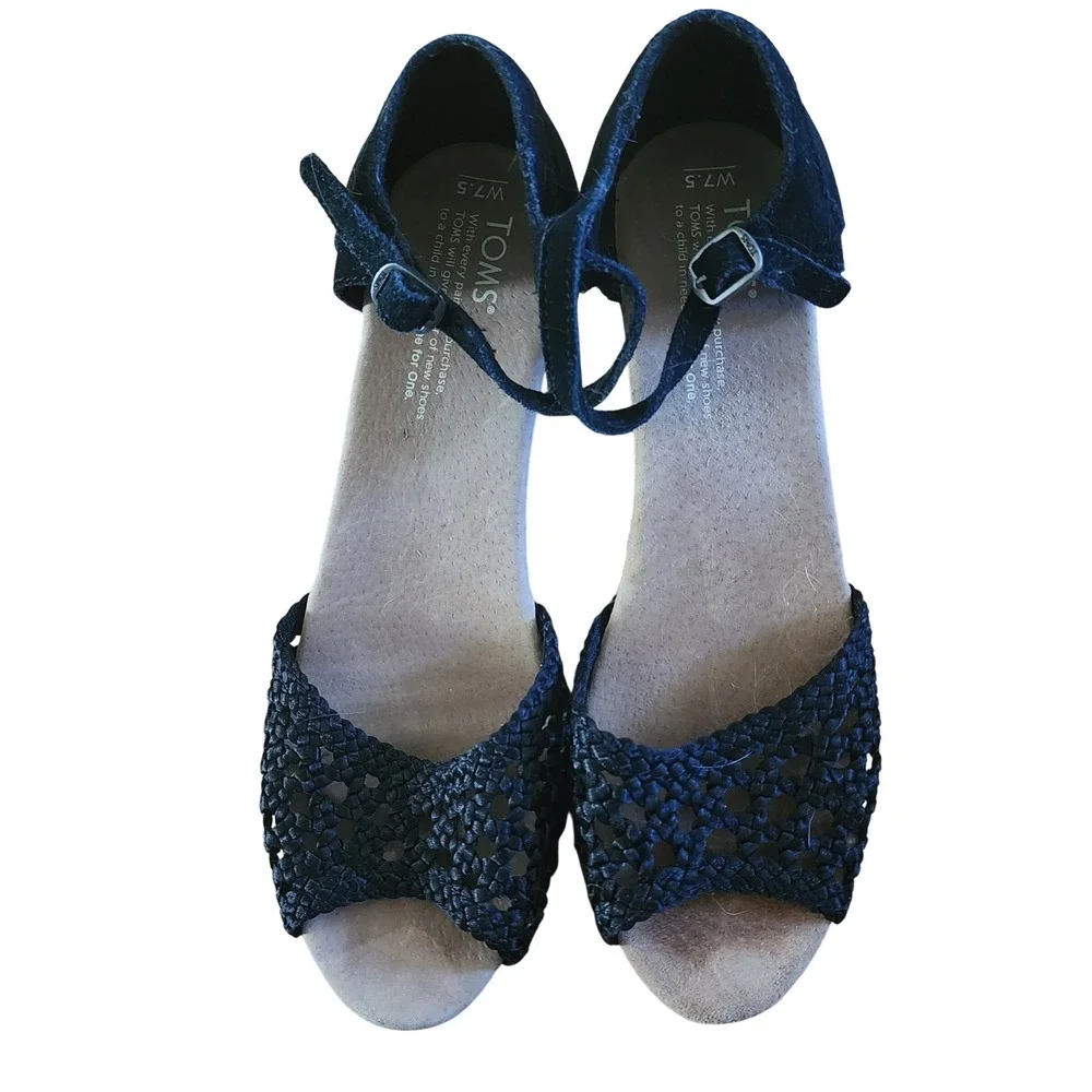 TOMS Womens Black Suede Woven Peep Toe Cork Wedge Ankle Strap Sandals‎